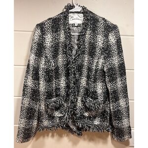 CAbi Carol Womens Lined Jacket/Blazer Black&White Tweed Plaid Fringe Trim Size 8